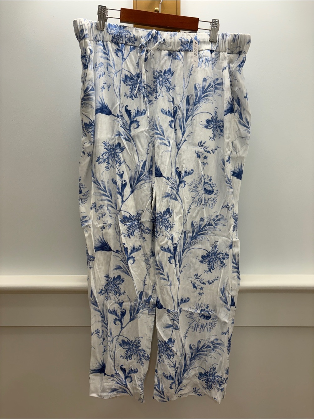 Talbots Blue & White Floral Wide-Leg Linen Pants